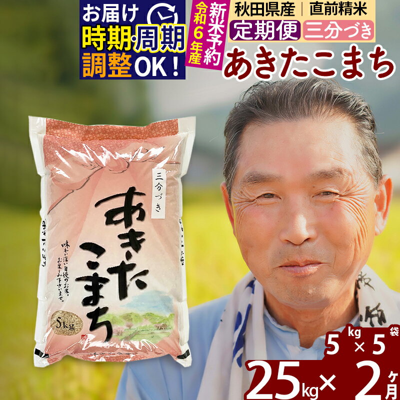 【ふるさと納税】《定期便2ヶ月》秋田県産 あきたこまち 25kg【3分づき】(5kg小分け袋) 令和5年産 発送..