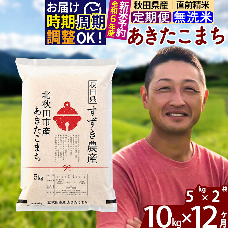 ※令和6年産 新米予約※《定期便12ヶ月》秋田県産 あきたこまち 10kg【無洗米】(5kg小分け袋) 2024年産 お届け周期調整可能 隔月に調整OK お米 すずき農産