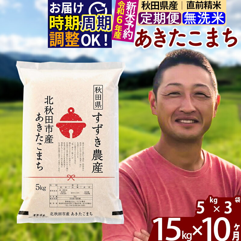 ※令和6年産 新米予約※《定期便10ヶ月》秋田県産 あきたこまち 15kg【無洗米】(5kg小分け袋) 2024年産 お届け周期調整可能 隔月に調整OK お米 すずき農産