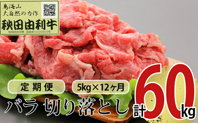 【ふるさと納税】《定期便》12ヶ月連続 秋田由利牛 バラ切り落とし 5kg（1kg×5パック）　【定期便・ お肉 肉 牛肉 バラ 炒め物 黒毛和牛 赤身 サシ 12回 1年間 産地直送 冷凍 】