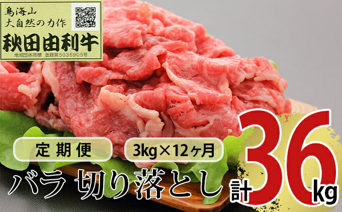 【ふるさと納税】《定期便》12ヶ月連続 秋田由利牛 バラ切り落とし 3kg（1kg×3パック）　【定期便・ お肉 肉 牛肉 バラ 炒め物 黒毛和牛 赤身 サシ 12回 1年間 産地直送 冷凍 】