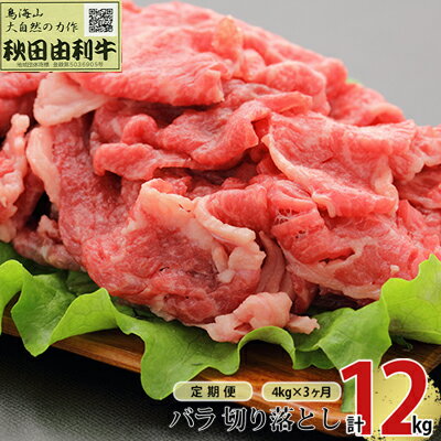 【ふるさと納税】《定期便》3ヶ月連続 秋田由利牛 バラ切り落とし 4kg（1kg×4パック）　 お肉 肉 牛肉 バラ 炒め物 黒毛和牛 赤身 サシ 3回 産地直送 冷凍