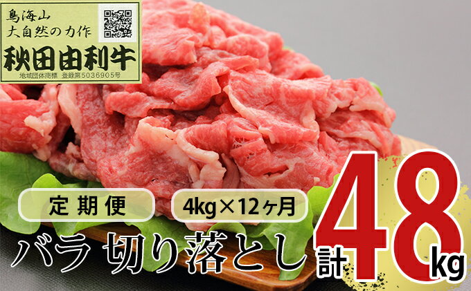 【ふるさと納税】《定期便》12ヶ月連続 秋田由利牛 バラ切り落とし 4kg（1kg×4パック）　定期便・ お肉 肉 牛肉 バラ 炒め物 黒毛和牛 赤身 サシ 12回 1年間 産地直送 冷凍