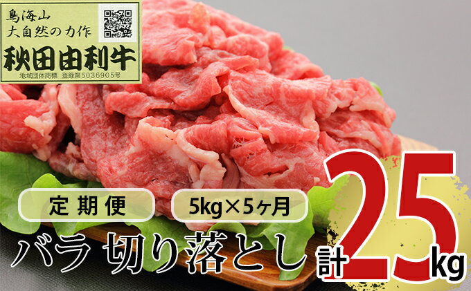 【ふるさと納税】《定期便》5ヶ月連続 秋田由利牛 バラ切り落とし 5kg（1kg×5パック）　【定期便・ お肉 肉 牛肉 バラ 炒め物 黒毛和牛 赤身 サシ 5回 産地直送 冷凍 】