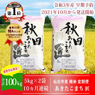 【ふるさと納税】【先行予約 令和3年産】農家直送 通算20回「特A」ランク 秋田県 仙北市産 あきたこまち 匠 米 5kg×2袋 10ヶ月連続発送（合計：100kg）2021年10月から発送開始 定期便　【定期便・お米・あきたこまち・100kg】　お届け：2021年10月中旬頃から順次発送予定。