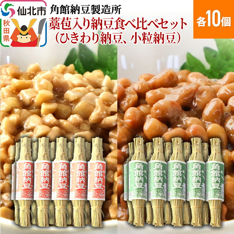 ★国産大豆を使用 ★昔ながらの製法で作っています。 創業160年を迎えた今も、昔ながらの手法で手作りし、伝統の味を守り続けています。1日1,200食程度しか製造できませんが、国産大豆を使用した昔ながらの味は1度食べるとやみつきになります。 秋田県仙北市、角館の納豆をお楽しみいただけたら幸いです。 つと納豆（わら納豆）ひきわり： 角館納豆製造所は、ひきわり納豆発祥のお店と言われております。（※諸説あります）また、わらに包んだ「つとなっとう」は現地のおみやげとしても大変好評をいただいております。タレはついておりませんので、お好みの味で楽しんでいただけます。 つと納豆（わら納豆）つぶ： わらに包んだ「つとなっとう」は現地のおみやげとしても大変好評をいただいております。タレはついておりませんので、お好みの味で楽しんでいただけます。 --------------------------------- ◇よくあるご質問 ◆納豆に付いている「白い綿状のもの」は何ですか？ 白い綿状のものは、納豆菌の菌膜です。菌膜は納豆菌が正常に発酵している証ですので、安心してお召し上がりいただけます。菌膜の色みや張り方には個体差があります。 ◆納豆に付いている「白いツブツブとしたもの」は何ですか？ 《かき混ぜて溶ける場合》納豆菌の集まりです。安心してお召し上がりいただけます。 《かき混ぜて溶けない場合》チロシンと呼ばれるアミノ酸の結晶です。よく発酵した納豆やチーズ等で見られるもので、安心してお召し上がりいただけます。なお、ひきわり納豆は発酵が進みやすい傾向にあり、チロシンも発生しやすくなります。 返礼品詳細 名称 ・つぶツト納豆 ・ひきわりツト納豆 内容量 ・つぶ納豆：100g×10個 ・ひきわり納豆：90g×10個 原材料名 ・つぶ納豆：丸大豆（国産）、納豆菌 ・ひきわり納豆：ひきわり大豆、納豆菌 保存方法 要冷蔵（10℃以下） 栄養成分 ・つぶ納豆（100gあたり） エネルギー 191kcal たんぱく質 15.5g 脂質 7.5g 炭水化物 15.3g 食塩相当量 0g この表示値は目安です ・ひきわり納豆（90gあたり） エネルギー 185kcal たんぱく質 15.7g 脂質 7.8g 炭水化物 12.8g 食塩相当量 0g この表示値は目安です 賞味期限 製造日から10日 注意事項 ※タレはついておりません。 ※納豆の表面に白い斑点が表れることがありますが、これはチロシンというアミノ酸の結晶ですので無害です。 ※遺伝子組み換え大豆は使用しておりません。 提供元 角館納豆製造所 アレルギー 大豆 配送温度帯 冷蔵 配送不可地域 離島 ・寄附申込みのキャンセル、返礼品の変更・返品はできません。あらかじめご了承ください ・ふるさと納税よくある質問はこちら