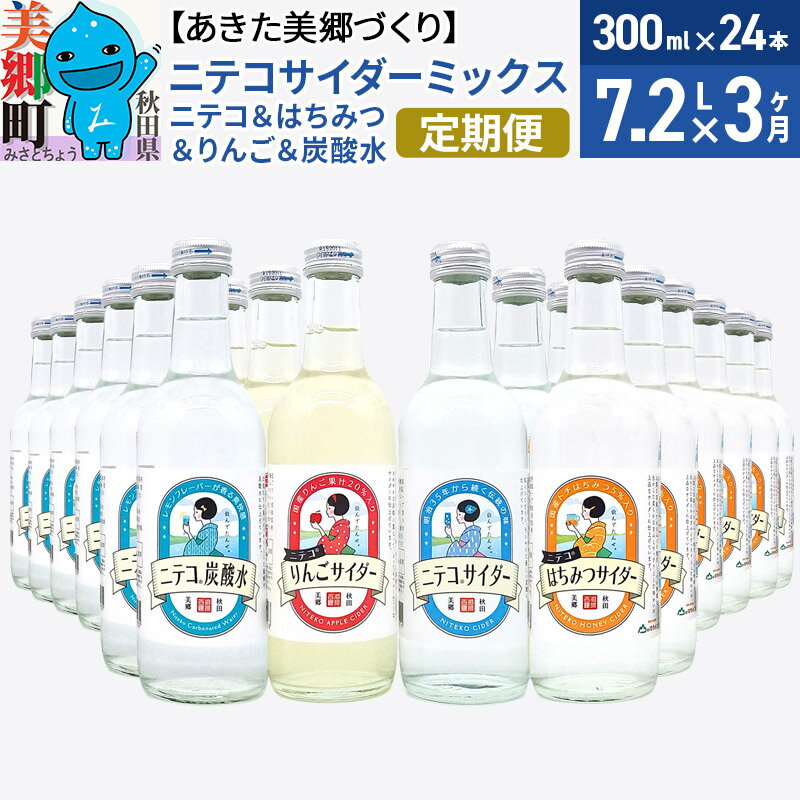 【ふるさと納税】《定期便3ヶ月》ニテコサイダーミックス 300ml×24本セット 4種（ニテコサイダー6本、りんごサイダー6本、はちみつサイダー6本、炭酸水6本）あきた美郷づくり