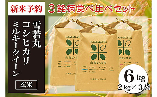 【令和6年産新米予約】山形県産三銘柄 玄米食べ比べセット(計6kg) fz20-493