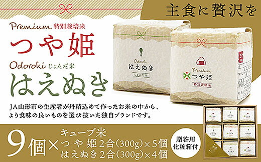 [令和5年産] 「プレミアムつや姫」「おどろきはえぬき」2合キューブ米9個セット FZ20-584 真空 真空パック 送料無料 小分け 長期保存 便利 つや姫 はえぬき 1年 贈答用 食べ比べ 山形 お取り寄せ ブランド米 備蓄 備蓄米