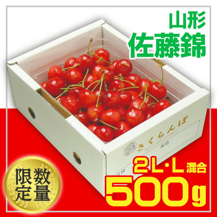 商品説明 名称 さくらんぼ 産地名 山形産 内容量 【令和6年産】山形さくらんぼ 佐藤錦500g [規格] 2L・L混合 発送期間 2024年06月10日頃〜2024年06月30日頃 ※天候や収穫状況により配送時期が前後する場合がございます。 配送方法 冷蔵便 提供元 佐竹物産株式会社 真っ赤に輝く本場山形の大粒さくらんぼです。手間ひまかけて大事に育てたさくらんぼです。 事業者：佐竹物産株式会社 ◆必ずお読みください◆ ◎こちらの商品はクール便(冷蔵)にて配送いたします。お受け取り後はすぐに中身をご確認頂き冷蔵保管をして頂き、お早目にお召し上がりください。 ◎さくらんぼは旬の短い大変デリケートな果物ですので、到着後早めのお受け取りとご確認にご協力ください。発送可能な期間は品種ごとに約2週間程度となっておりますので、その旨をご了承の上お申し込みをお願い致します。 ◎天候や収穫等の状況によりご希望のお品をご用意できない場合であっても、税金の控除等に影響の無いよう、代替品をご用意致します。 (すでに税金の控除等を受けている方への返金は確定申告や修正申告が必要となる場合があります。) ◎「お申し込みの不備」「事前連絡をいただいていない長期不在や転居」「住所不明」「日数が経ってからのお受取り」に対する再出荷は致しかねますのでご了承ください。 ※沖縄・離島への配送は不可とさせていただきます。 ※季節商品のため、お礼の品の配送日の指定は承っておりません。 ※天候や収穫状況により、お届けや規格が変更になる場合がございます。 ※配送時の揺れや傾きにより若干の傷が生じる場合がございます。 ※画像はイメージです。画像のものと多少異なる場合があります。 ※商品お受取り後、すぐに商品の状態をご確認ください。お礼の品の発送には万全を期しておりますが、万が一ひどい傷み等があった場合は、写真・画像を添付の上お早めに「山形市ふるさと納税お礼の品事務局」までご連絡ください。尚、お時間が過ぎてからの対応は致しかねます。 ・ふるさと納税よくある質問はこちら ・寄附申込みのキャンセル、返礼品の変更・返品はできません。あらかじめご了承ください。【令和6年産先行予約】 「ふるさと納税」寄附金は、下記の事業を推進する資金として活用してまいります。 寄附を希望される皆さまの想いでお選びください。 1　市政一般 2　健康の保持・増進 3　健やかな子どもの育成 4　地域共生社会の実現 5　創造都市の推進 6　地域経済の活性化 7　山形ブランドの浸透と交流拡大 8　都市の活動を支える基盤整備 9　環境保全 10　チャレンジ環境の創出等 入金確認後、注文内容確認画面の【注文者情報】に記載の住所にお送りいたします。 発送の時期は、寄附確認後2週間程度で、お礼の品とは別にお送りいたします。