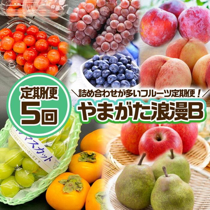 商品説明 名称 【定期便5回】やまがた浪漫B 産地名 山形産 内容量 【令和6年産】 1回目：さくらんぼ佐藤錦 Lサイズ 約400g (200g×2パック) (6/15～7/15) 冷蔵 2回目：詰合せ デラウェア (1kg M～2L)とブルーベリー200g (100g×2パック)秀品 (7/20～8/20) 冷蔵 3回目：詰合せ やや硬め白桃 (だて白桃、さくら、西王母等2～5玉 約1kg)とすもも秋姫 (500gMサイズ以上)秀品 (9/5～10/5) 冷蔵 4回目：詰合せ シャインマスカット (1房 500g)と柿 (1kg M～3Lサイズ)秀品 (10/15～11/15) 冷蔵 5回目：詰合せ サンふじりんご (無袋)とラ・フランス 約2kg 各2～5玉 秀品 (11/15～12/15) 常温 発送期間 2024年06月15日頃～2024年12月15日頃 ※天候や収穫状況により配送時期が前後する場合がございます。 配送方法 冷蔵・常温 提供元 みちのくギフト 【山形連携中枢都市圏における共通返礼品です。関係市町（山形市、村山市）内で生産されたさくらんぼをお届けします。 詰合せが多いフルーツ定期便です。食卓でおやつに旬を食べ比べできます。 余すことない丁度良い量なので保管の心配もなし！ 6月から12月までに5回厳選された果物をお届けします。 生産者がこだわりぬいて育てた旬の果物を直送します。 その時期に、その旬にしか味わえない美味しく表情の違うフルーツを年間通して味わえます！ 事業者：みちのくギフト ◆必ずお読みください◆ ◎お受け取り後はすぐに中身をご確認ください。 ◎さくらんぼは旬の短い大変デリケートな果物ですので、到着後早めのお受け取りとご確認にご協力ください。発送可能な期間は品種ごとに約2週間程度となっておりますので、その旨をご了承の上お申し込みをお願い致します。 シャインマスカットについて ◎基本的には種の無いぶどうですが、まれに種が残る場合があります。 ◎完熟により糖度が上がる際、脱粒や果汁漏れが起こる場合がございます。その旨ご了承の上でお申し込みをお願い致します。 ◎天候や収穫等の状況によりご希望のお品をご用意できない場合であっても、税金の控除等に影響の無いよう、代替品をご用意致します。 (すでに税金の控除等を受けている方への返金は確定申告や修正申告が必要となる場合があります。) ◎「お申し込みの不備」「事前連絡をいただいていない長期不在や転居」「住所不明」「日数が経ってからのお受取り」に対する再出荷は致しかねますのでご了承ください。 ※沖縄・離島への配送は不可とさせていただきます。 ※季節商品のため、お礼の品の配送日の指定は承っておりません。 ※天候や収穫状況により、お届けや規格が変更になる場合がございます。 ※配送時の揺れや傾きにより若干の傷が生じる場合がございます。 ※画像はイメージです。画像のものと多少異なる場合があります。 ・ふるさと納税よくある質問はこちら ・寄附申込みのキャンセル、返礼品の変更・返品はできません。あらかじめご了承ください。【令和6年産先行予約】 「ふるさと納税」寄附金は、下記の事業を推進する資金として活用してまいります。 寄附を希望される皆さまの想いでお選びください。 1　市政一般 2　健康の保持・増進 3　健やかな子どもの育成 4　地域共生社会の実現 5　創造都市の推進 6　地域経済の活性化 7　山形ブランドの浸透と交流拡大 8　都市の活動を支える基盤整備 9　環境保全 10　チャレンジ環境の創出等 入金確認後、注文内容確認画面の【注文者情報】に記載の住所にお送りいたします。 発送の時期は、寄附確認後2週間程度で、お礼の品とは別にお送りいたします。