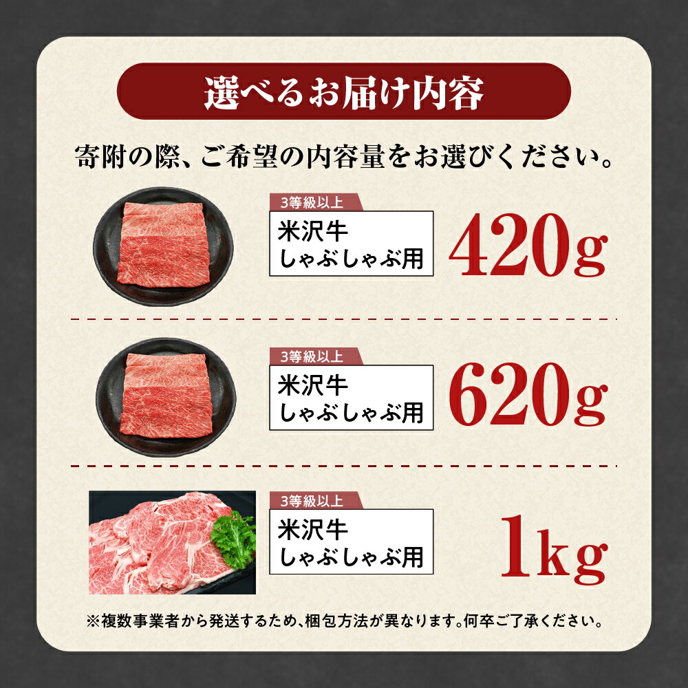 【ふるさと納税】牛肉 米沢牛 しゃぶしゃぶ用 420g 620g 1kg 選べる内容量 しゃぶしゃぶ用 山形 和牛 ブランド牛 しゃぶしゃぶ 国産 高級 黒毛和牛 国産牛 人気 お取り寄せグルメ お取り寄せ 山形県 贈答 お祝い ギフト 冷蔵 GI認証 ベテランの目利きが光る！