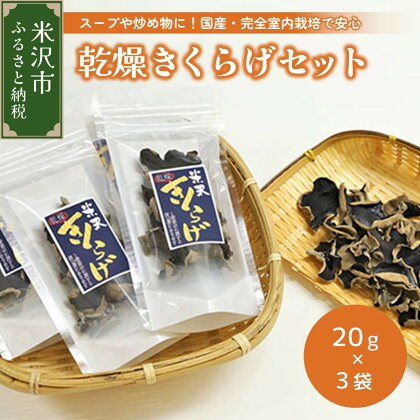 乾燥きくらげ セット 20g × 3袋 計 60g 木耳 きくらげ 無農薬 国産 肉厚 山形県 贈答 贈り物 ギフト 山形県 米沢市