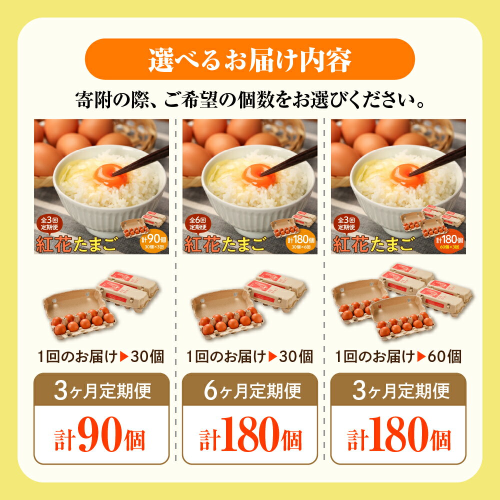 【ふるさと納税】【 卵 の定期便】紅花たまご 選べる 30個×3ヶ月 30個×6ヶ月 60個×3ヶ月 たまご 赤玉 鶏卵 産みたて 卵かけ ご飯 親子丼 オムレツ 朝食 たんぱく質 新鮮 栄養 濃厚 甘み コク 山田鶏卵 送料無料 山形県 米沢市