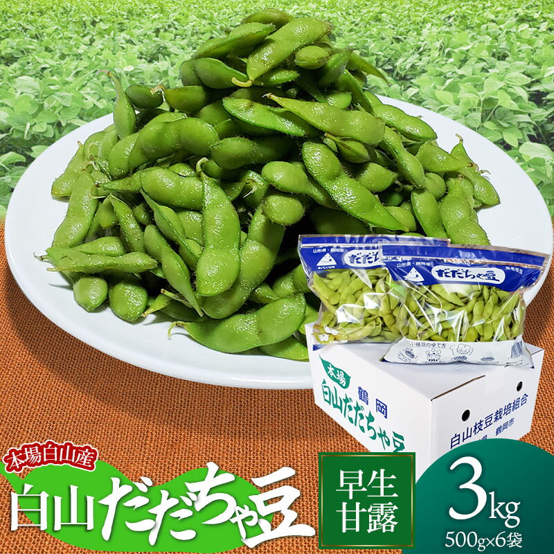 商品説明 内容量・だだちゃ豆（枝豆）　早生甘露：3kg（500g×6袋） ・オリジナル塩「だだっ塩」 産地山形県鶴岡市白山 発送方法冷蔵発送 賞味期限冷蔵2〜3日 ※鮮度低下により風味が失われるため、到着後は冷蔵保存し、お早めにお召し上がりください。 発送期日令和6年7月下旬～8月上旬頃 ※天候や発育状況により、発送期間が前後する場合がございます。 ※お申込み順に発送していきますので予めご了承ください。 ※お届け日のご指定はできません。 提供事業者農家 長四郎 返品・交換について ※返礼品の発送には万全を期しておりますが、到着後は必ずすぐに開封し中身の確認をお願いします。 ※外装破損・水漏れ・異物・汚れ・誤配送など、異常があった場合はお早めにご連絡ください。当市の不備による初期不良・破損についての交換などの対応は、到着後2日以内までとさせていただきます。 ※到着後2日を経過したものについての、返品・交換などの対応は一切お受けできませんので、予めご了承ください。 アレルギー表示大豆 ※画像はすべてイメージです。 ・ふるさと納税よくある質問はこちら ・寄附申込みのキャンセル、返礼品の変更・返品はできません。あらかじめご了承ください。◆こちらの返礼品は【令和6年産】の先行予約です。 発送時期：令和6年7月下旬～8月上旬頃 ※こちらの返礼品は【先行予約】です。発送時期について必ずご確認の上お申し込みください。 ※天候や生育状況などにより発送時期が前後する場合がございます。予めご了承ください。 ※お届け日のご指定はお受けできません。ご了承ください。 ※お申し込み後にお引越しなどでお届け先に変更が生じた場合は、お早めにご連絡をいただきますようお願いいたします。