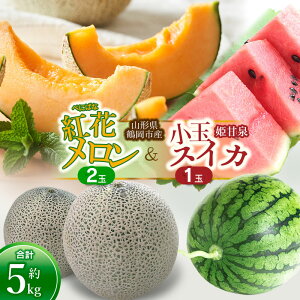 【ふるさと納税】【令和8年産先行予約】 鶴岡産 紅花(赤肉)メロン2玉 と 小玉スイカ (姫甘泉)1玉セット(合計約5kg) | 山形県 鶴岡市 庄内 砂丘 納税 返礼品 フルーツ 果物 くだもの お取り寄せグルメ めろん 西瓜 特産品 2026年産