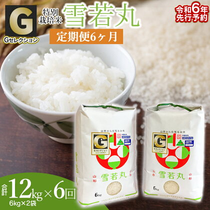 【令和6年産 先行予約】【6ヶ月定期便】Gセレクション 特別栽培米 雪若丸 12kg(6kg×2袋)×6回 つき加減(精米加減)が選べる（玄米・5分つき・7分つき・白米）山形県鶴岡産 J26-001