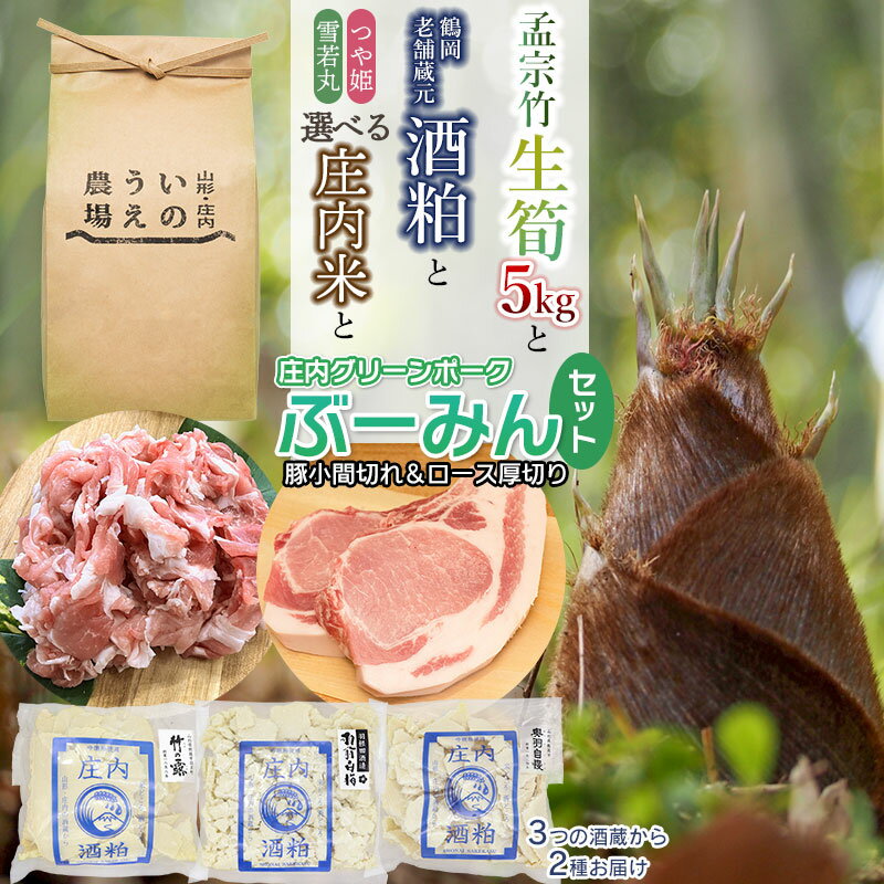 【ふるさと納税】【令和6年産 先行予約】生筍（孟宗竹）5kg と 鶴岡老舗酒蔵の【酒粕】2種食べ比べ ＆ 【庄内米】（つや姫 又は 雪若丸）2kg ＆庄内豚 庄内グリーンポークぶーみん（豚小間切れ300g×2p）セット【発送時期：5月上旬～】