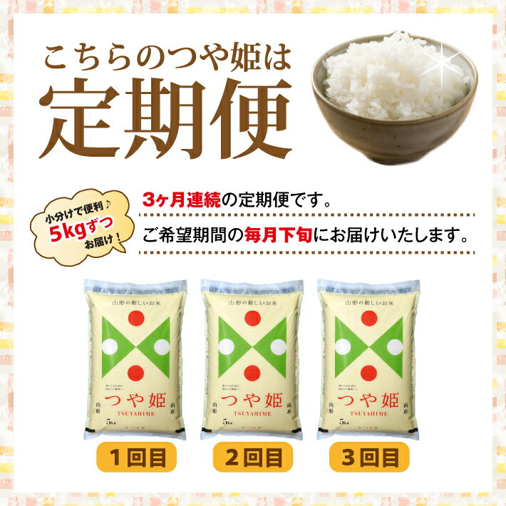 10年以上連続特A受賞！　【ふるさと納税】≪3ヶ月定期便≫ 特別栽培米 つや姫 5kg×3ヶ月連続 計15kg 令和7年産 山形県産 ご希望期間の毎月下旬にお届け 精米 白米 庄内米 米 ごはん ご飯 酒田市 庄内 山形県 東北 農協 JA 定期便 3回