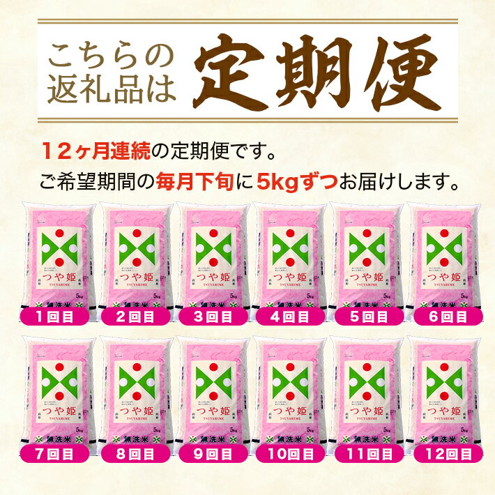 発送開始時期が選べる！　【ふるさと納税】≪12ヶ月定期便≫ 無洗米 つや姫 5kg×12ヶ月連続 計60kg 特別栽培米 山形県産 毎月下旬にお届け 東北 山形県 酒田市 庄内地方 ブランド米 白米 精米 簡単 手軽 連続定期便 節水