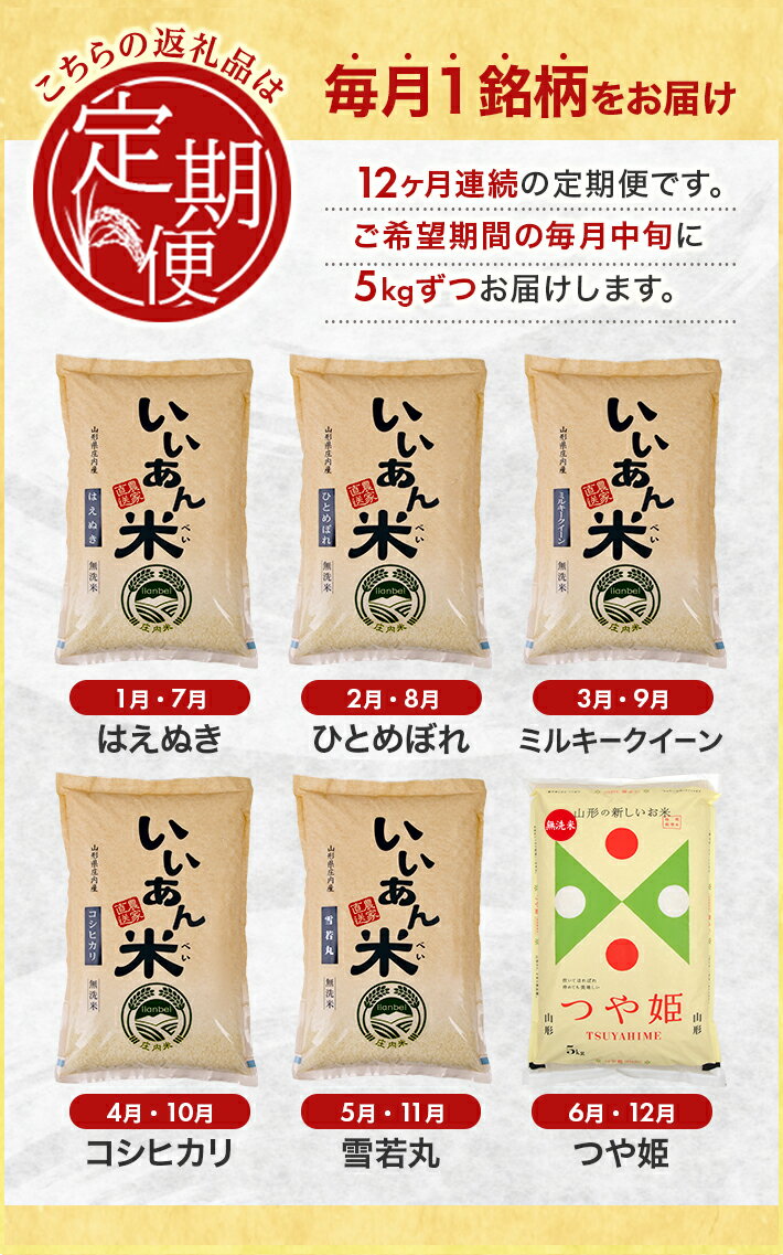 【ふるさと納税】≪12ヶ月定期便≫ 無洗米 6銘柄食べ比べ 5kg×12ヶ月連続 はえぬき ひとめぼれ ミルキークイーン コシヒカリ 雪若丸 つや姫 計60kg 山形県庄内産 ご希望期間の毎月中旬頃お届け 産地直送 白米 庄内米 ブランド米 いいあん米 味比べ 東北 山形県 酒田市 庄内