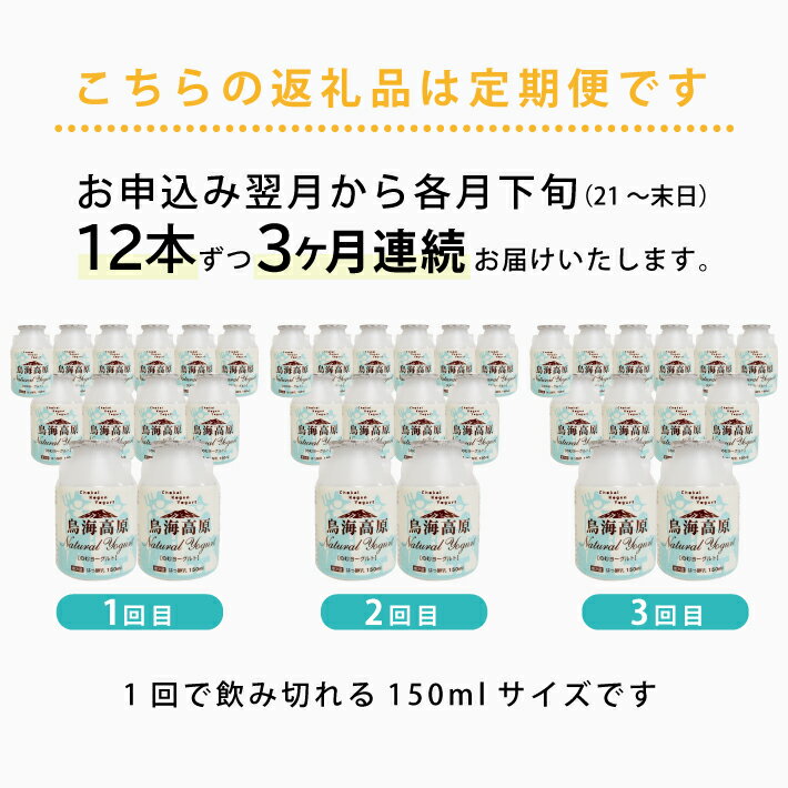 【ふるさと納税】 ≪3ヶ月定期便≫ 鳥海高原のむヨーグルト 加糖 150ml×12本 3ヶ月連続 合計36本 お申込み翌月下旬から3ヶ月連続お届け 冷蔵便 ※離島発送不可 山形県 酒田市 濃厚 ヨーグルト 飲むヨーグルト