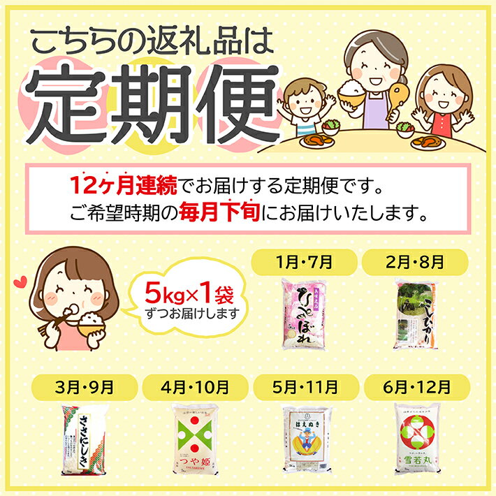 【ふるさと納税】≪定期便≫ 庄内米味比べ 5kg×12ヶ月連続 計60kg ひとめぼれ コシヒカリ ササニシキ つや姫 はえぬき 雪若丸 山形県産 毎月下旬にお届け 米 定期便