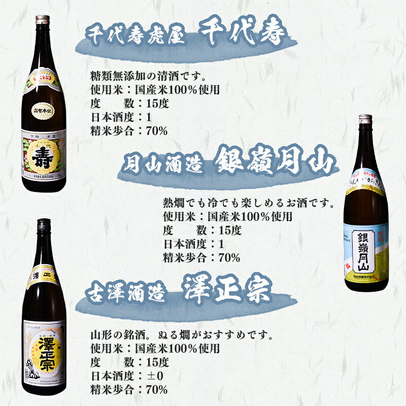 【ふるさと納税】山形 の日本酒 飲み比べ セット （1800ml × 6本）【支援品】 ／ 地酒 お取り寄せ ご当地 一升瓶 1,800ml 家飲み 宅飲み おうち時間 米どころ 酒どころ 詰め合わせ 東北 おもてなし 蔵元 酒蔵 熱燗 ぬる燗 冷 酒