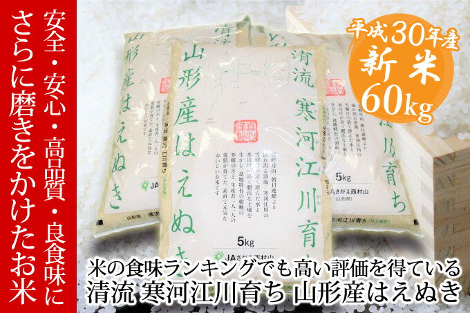 【ふるさと納税】平成30年産新米60kg「清流寒河江川育ち 山形産はえぬき」（20kgずつ3回配送）