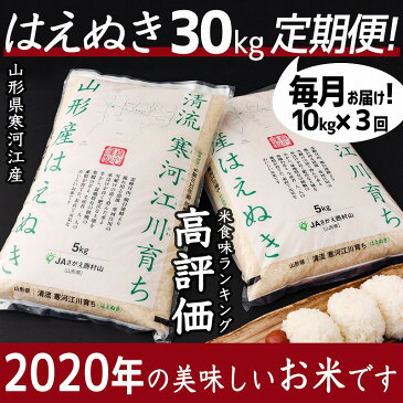 【ふるさと納税】2020年産 計30kg！お米3か月定期便　「清流寒河江川育ち 山形産はえぬき」 ＜先行予約＞令和2年産米 ＜選べる配送時期！ 10kg×3回＞