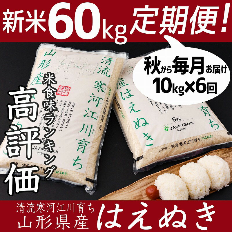 【ふるさと納税】計60kg！ 新米定期便（半年コース） 2020年（令和2年）産 「清流寒河江川育ち 山形産はえぬき」 ≪今年秋からお届け≫