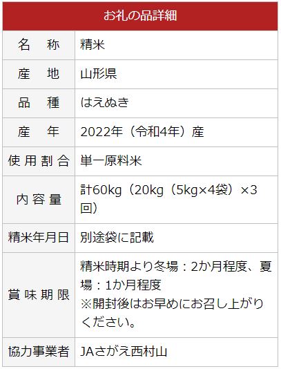 【ふるさと納税】【先行予約】新米 ふるさと納税 米 定期便 令和4年産 はえぬき 計60kg (20kg(5kg×4袋)×3回) 元祖 山形県産( お取り寄せ 特産 お米 精米 白米 小分け 便利 弁当 ごはん ご飯 コメ おかず おにぎり 東北 米どころ 単一原料米 ブランド米 清流 寒河江川 )