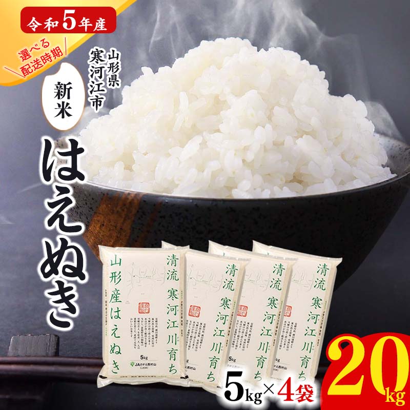 【ふるさと納税】【時期選べる】はえぬき 20kg (5kg×4袋) 令和5年産 ふるさと納税 2023年産 山形県産 ／ お取り寄せ 特産 お米 精米 白米 小分け 便利 弁当 ごはん ご飯 コメ おかず おにぎり 東北 米どころ 単一原料米 ブランド米 清流 寒河江川 やまがた さがえ