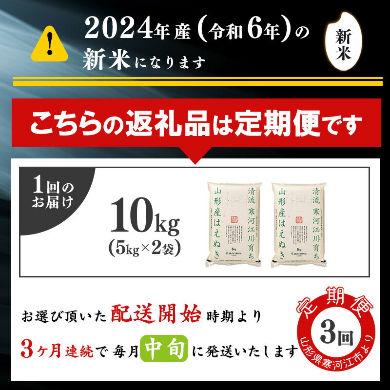 【ふるさと納税】令和6年産 《10kg 3回定期便》 山形県産 はえぬき 10kg(5kg×2袋)×3回 2024年産 令和6年産 新米／ お取り寄せ 特産 白米 小分け 便利 弁当 ごはん ご飯 ライス 食品 食料品 朝食 昼食 夕食 夕飯 東北 5キロ 10キロ 30キロ 3ヵ月 3か月 故郷納税