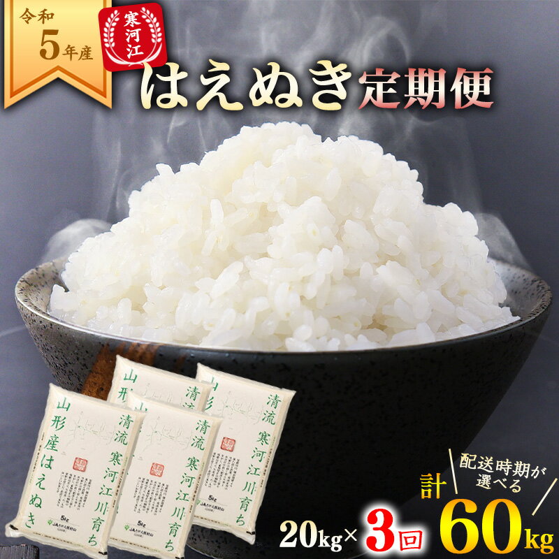 【ふるさと納税】《20kg 3ヶ月定期便》計 60kg 2023年産 令和5年産 はえぬき 計60kg (20kg(5kg×4袋)×3回)『7つの時期から選択可』 定期便 山形県産／定期便 お取り寄せ お米 精米 白米 小分け 便利 弁当 ごはん ご飯 コメ おにぎり 東北 ブランド米 清流 寒河江川