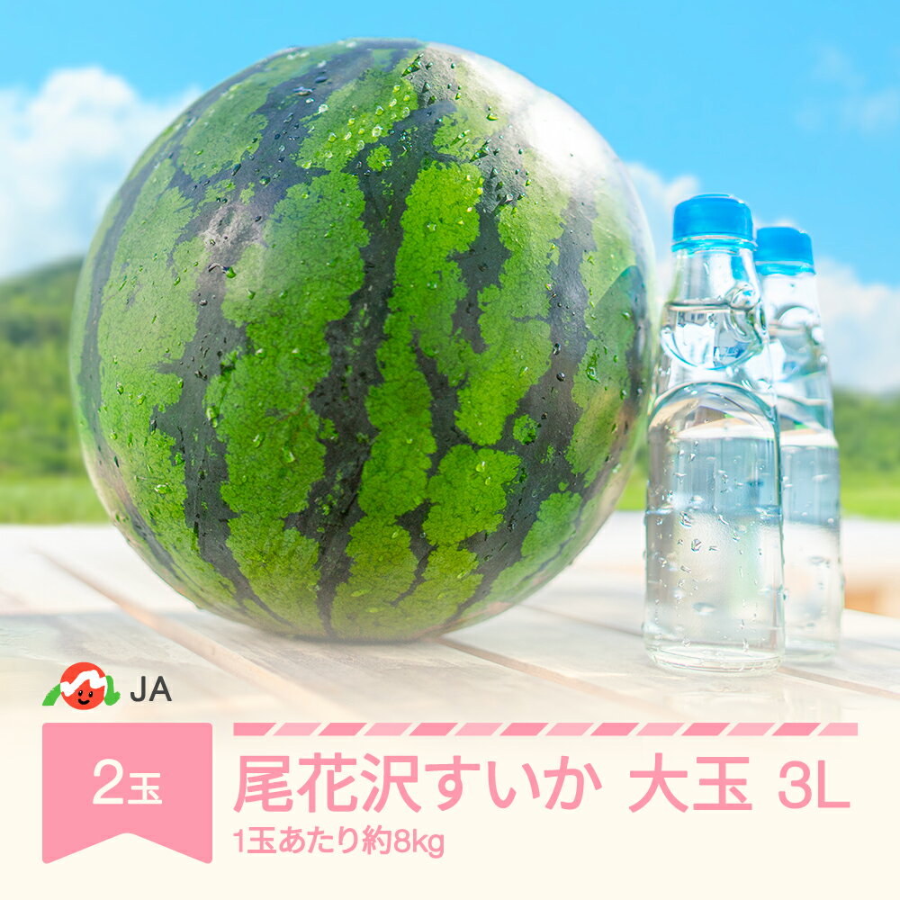 ※配送業者につきまして【ヤマト運輸】と表示されておりますが、お礼の品や配送地域によっては配送業者が変更になる場合がございます。予めご了承ください。※必ずご確認ください※ ・「事前連絡のない長期不在や転居」「お申込の不備」「日数が経ってからのお受け取り」等に対する再発送は承っておりません。・熨斗やギフト用の包装等は承っておりませんので予めご了承ください。 ・配送先の住所変更や長期間のご不在予定等は、必ず事前に「山形県村山市ふるさと納税担当」までご連絡をお願いいたします。※注意※・こちらの返礼品は、沖縄及び離島への配送ができません。予めご了承ください。 ・生モノのため、受取日の指定は承っておりません。 ・「事前連絡のない長期不在や転居」「お申込の不備」「日数が経ってからのお受け取り」等に対する再発送は承っておりません。・熨斗やギフト用の包装等は承っておりませんので予めご了承ください。 ※お受け取りに関するお願い※ ・お受け取り後は必ずすぐに中身をご確認ください。 ・万が一お礼の品にひどい傷みを確認された場合、写真を添付の上ご連絡ください。 ・生育状況により、発送時期が前後する場合もございます。予めご了承ください。 ※果樹や野菜などデリケートな返礼品について※ ・皆様にご満足いただけるよう、1回目の配達でお受け取りいただきたいと存じます。ご不在等がないようにお願いいたします。 ・1回目の配達でお受け取りいただいたにもかかわらず、返礼品の状態が悪い場合は、問い合わせフォームにてご連絡ください。 ・傷みが激しい場合にお送りする再送品は、時期により代替品に振り替えての発送となる場合があります。 ・不作や災害等によりお礼品がお送りできなくなった場合は、代替品に振り替えての発送となる場合があります。 ・天候や生育状況により、毎日の収穫量が異なるため、到着日指定等を承ることができません。 商品説明 名称 尾花沢すいか 産地名 山形県村山市 内容量 3Lサイズ 約8kg前後×2玉 　※8kg/玉に満たない場合もございます。 保存方法 冷蔵または冷暗所で保存 配送時期 7月中旬〜8月上旬頃 ※生育状況等の影響により、配送時期が前後する場合がございます。 提供 JAみちのく村山 ・ふるさと納税よくある質問はこちら ・寄附申込みのキャンセル、返礼品の変更・返品はできません。あらかじめご了承ください。 ・村山市の方が寄附した場合、返礼品をお出しすることができません。 事業者名 みちのく村山農業協同組合 取扱返礼品 お米(はえぬき、つや姫、雪若丸など)、お肉など この事業者についてもっと知る>