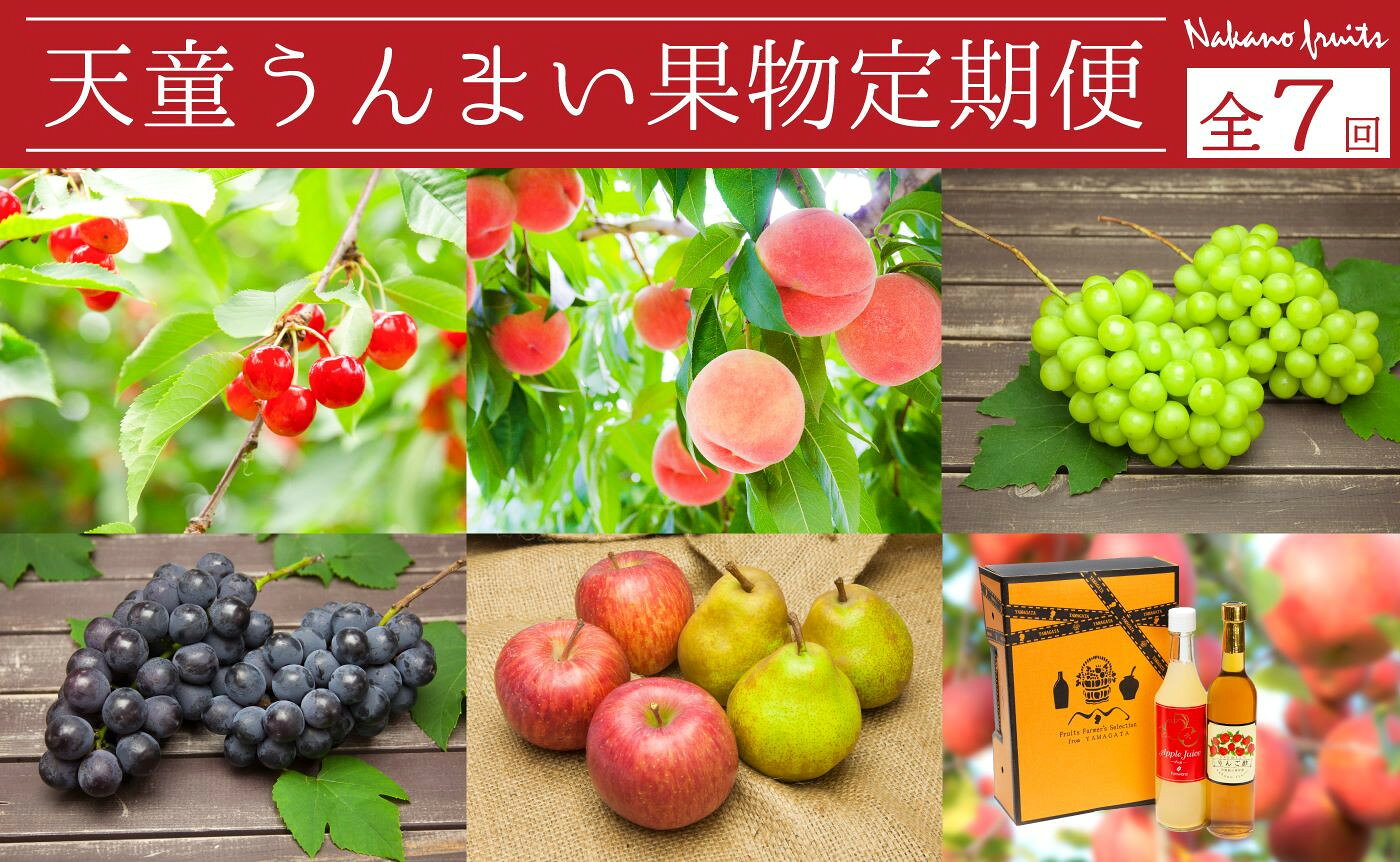 【ふるさと納税】天童 うんまい 果物 定期便 全7回 先行予約 令和8年産 2026年産 さくらんぼ 桃 白桃 黄桃 ぶどう ピオーネ シャインマスカット ラフランス 洋梨 りんご ジュース りんご酢 フルーツ 果物 のし 贈答 ギフト 詰合せ セット お取り寄せ 【 山形県 天童市 】