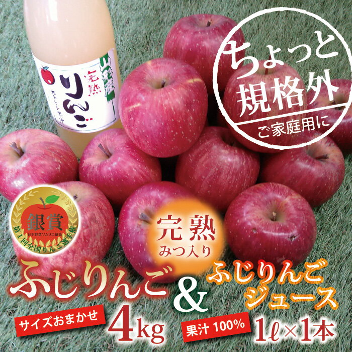 【ふるさと納税】 〈訳あり ちょっと規格外〉 完熟みつ入りふじりんご 約4kg ＆ ふじりんごストレートジュース 1本 セット 《令和6年12月中旬～発送》 【全国りんご選手権 銀賞】 『船中農園』 山形県 南陽市 [1404]