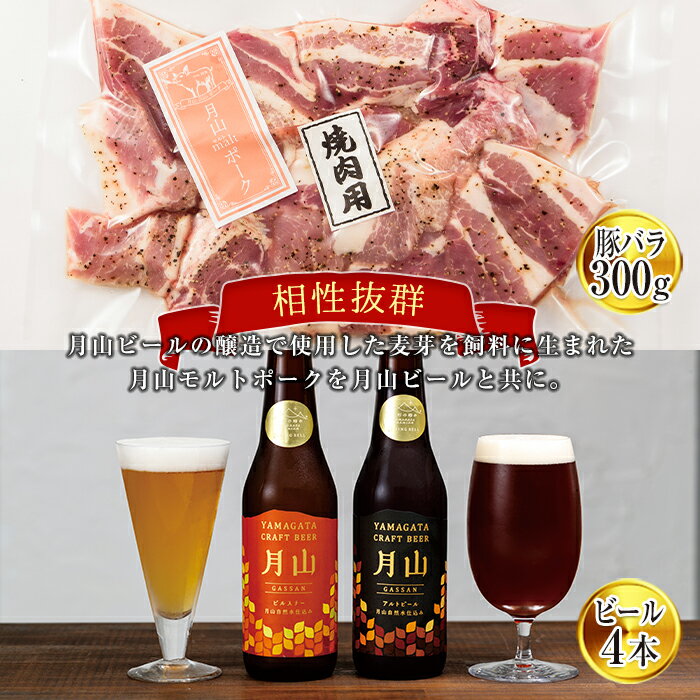 月山maltポーク豚バラ厚切り焼肉用と月山ビールセット 詰め合わせ 詰合せ 山形県 西川町 FYN9-455