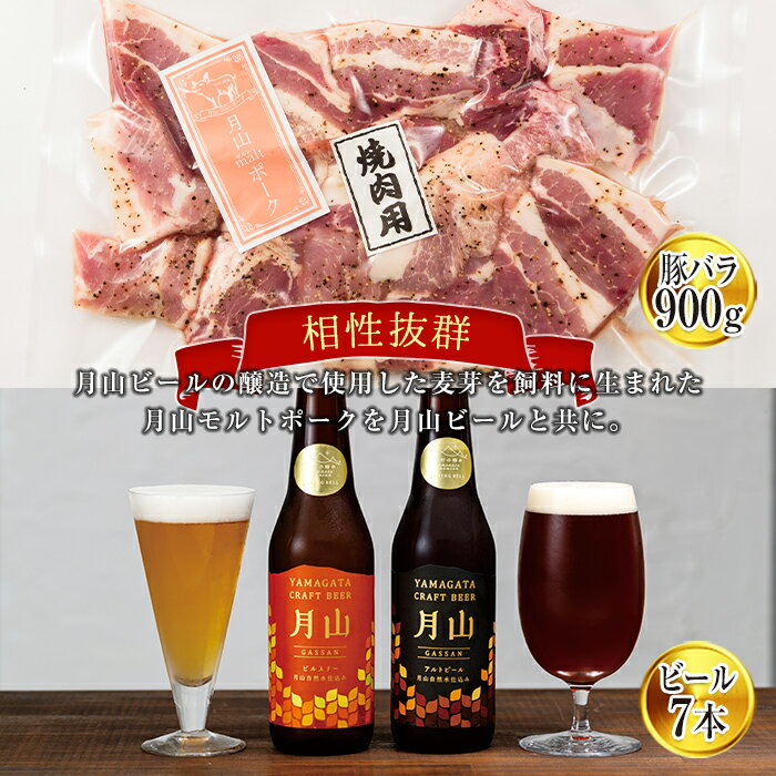 月山maltポーク豚バラ厚切り焼肉用と月山ビールセット 詰め合わせ 詰合せ 山形県 西川町 FYN9-456