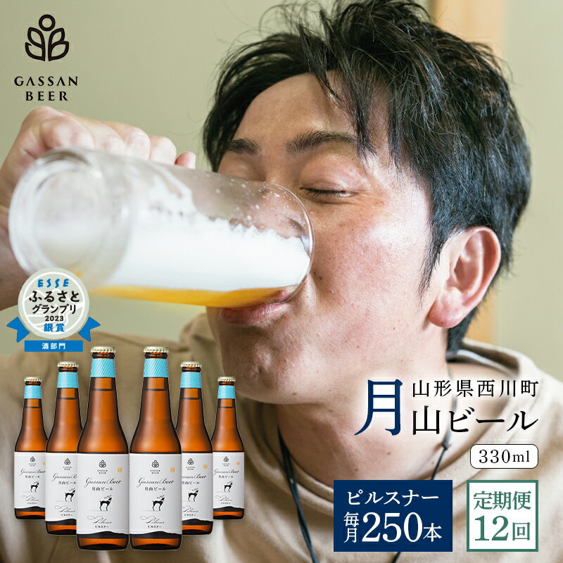 【ふるさと納税】 【定期便12回】月山ビール ピルスナー 1タンク分(合計約1000L・瓶3000本) 毎月250本お届け 数量限定 約1000リットル 地ビール ご当地ビール 酒 お酒 アルコール 山形県 西川町 FYN9-760