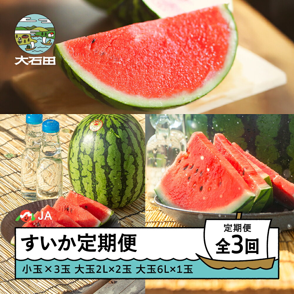 すいか 3回 定期便 令和7年産 2025年産 尾花沢すいか 大玉すいか 小玉すいか 計6玉 山形県 大石田町 フルーツ 果物 ja-tksux3 ※沖縄・離島への配送不可