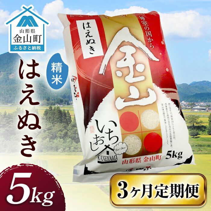 金山産米「はえぬき[精米]」(5kg)×3ヶ月・定期便 計15kg 定期便 3ヶ月 米 お米 白米 ご飯 精米 ブランド米 はえぬき 送料無料 東北 山形 金山町 令和5年産