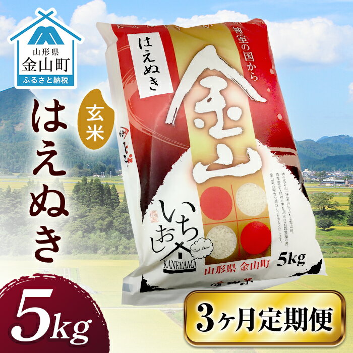 金山産米「はえぬき[玄米]」(5kg)×3ヶ月・定期便 計15kg 定期便 3ヶ月 米 お米 白米 ご飯 玄米 ブランド米 はえぬき 送料無料 東北 山形 金山町 令和5年産