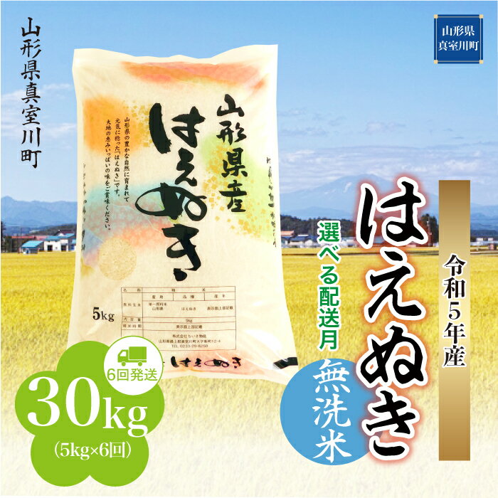 [配送時期が選べて便利な定期便]令和5年産 真室川町厳選 はえぬき [無洗米] 30kg(5kg×1カ月ごと6回お届け)