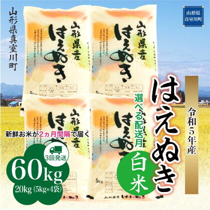 ＜配送時期が選べて便利な定期便＞ 令和5年産 真室川町厳選 はえぬき ＜白米＞ 60kg（20kg×2カ月ごと3回お届け）