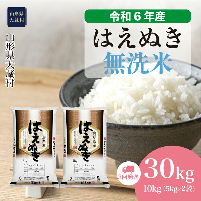 [令和6年産米先行受付] 大蔵村 はえぬき [無洗米] 30kg 定期便(10kg×3回お届け)