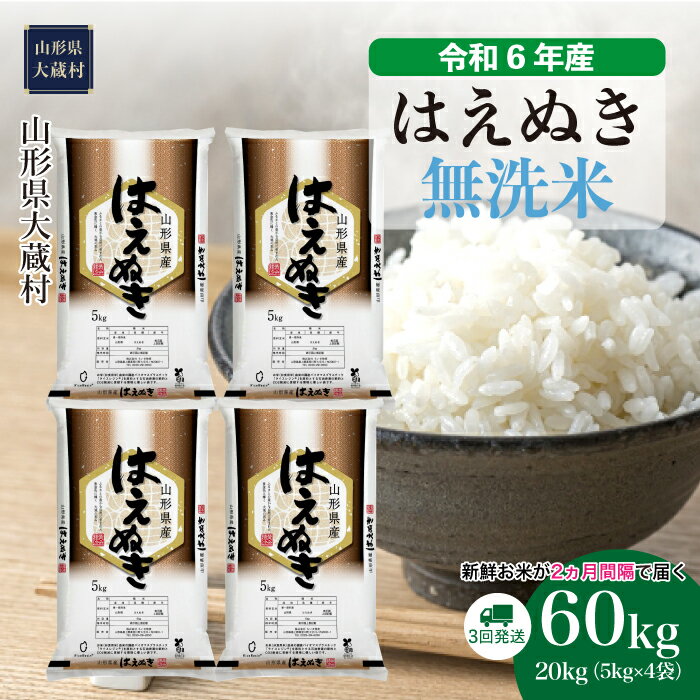 【ふるさと納税】＜令和6年産米＞ 大蔵村 はえぬき ＜無洗米＞ 60kg 定期便（20kg×3回お届け）のサムネイル