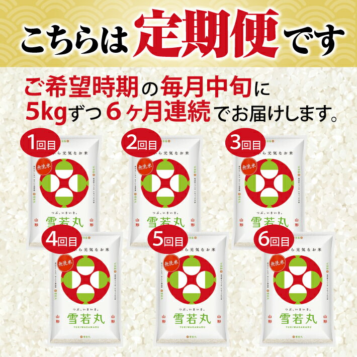 【ふるさと納税】≪6ヶ月定期便≫ 無洗米 雪若丸 5kg×6ヶ月連続 計30kg 山形県産 毎月中旬にお届け 東北 山形県 遊佐町 精米 白米 米 お米 ブランド米 ごはん ご飯 連続定期便 6回連続 小分け