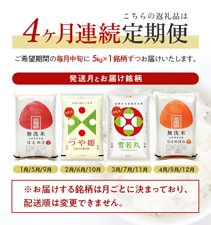 【ふるさと納税】≪4ヶ月定期便≫ 無洗米 4銘柄食べ比べセット 各5kg 4ヶ月連続 計20kg はえぬき つや姫 雪若丸 ひとめぼれ 山形県庄内産 毎月中旬にお届け 東北 山形県 遊佐町 庄内地方 庄内平野 庄内米 精米 白米 連続定期便 小分け